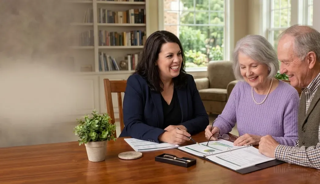 Carolyn Duncan of Duncan Market Insurance reviewing plan options at a table with an older couple, the three of them talking it through together