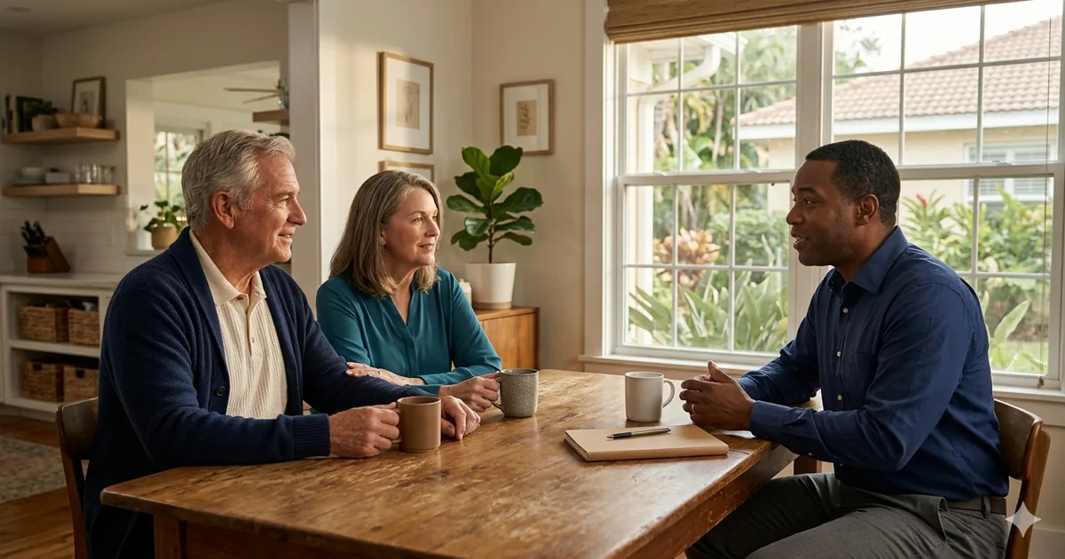 A St. Augustine couple at a sunlit kitchen table across from their independent insurance broker, mid-conversation with notes and coffee mugs, the relief of finally being heard by an advocate who works for them, not a carrier